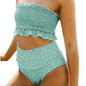 Large Floral Smocked High Waisted Two Piece Bikini